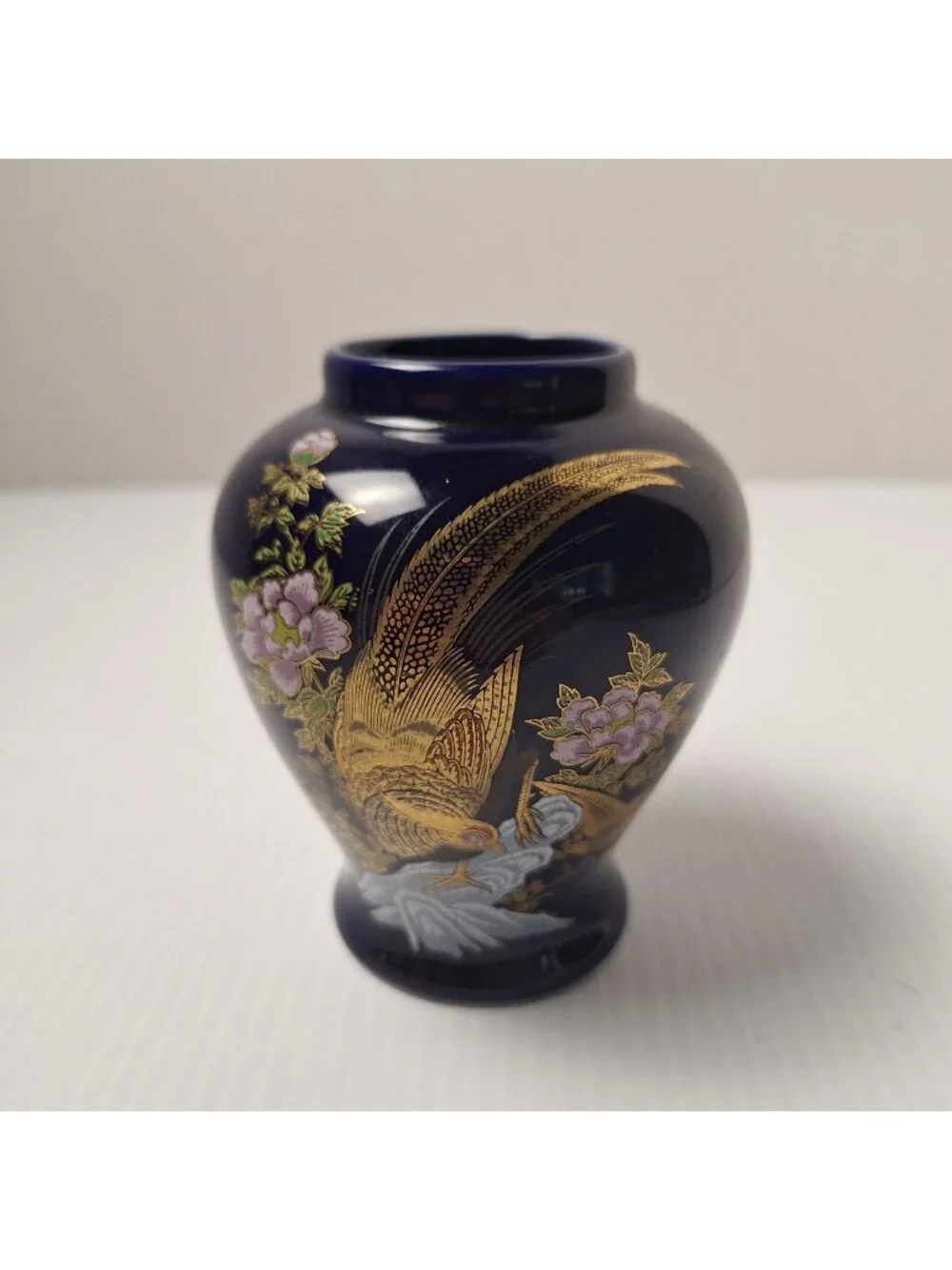 VTG KUTANI JAPANESE PORCELAIN COBALT BLUE VASE GOLDEN PHEASANT LOTUS GOLD TRIM